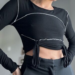 Y2k cropped Black Long Sleeve Tie-Front Top